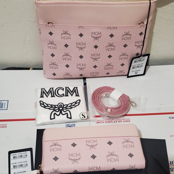 MCM Visetos Original Authentic Crossbody Bag Pouch Powder Pink & Wallet Combo - Picture 7 of 13